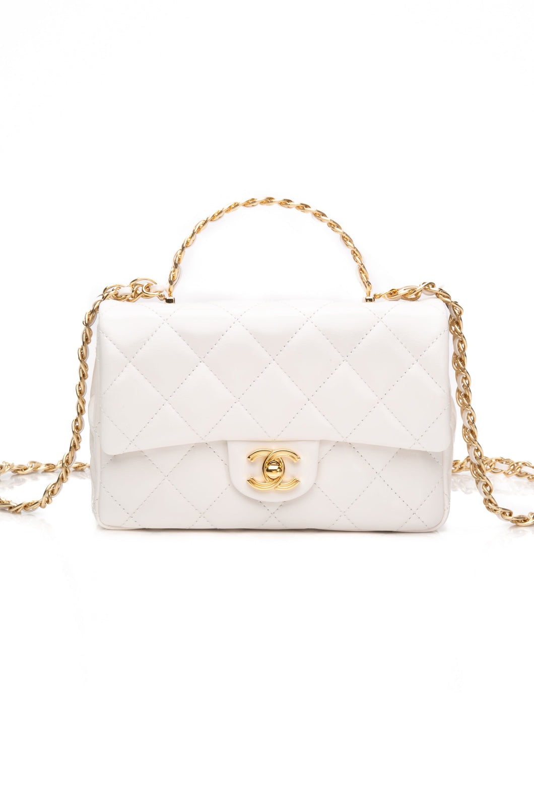 CHANEL Mini White Quilted Calfskin Top Handle Flap Bag with Chain