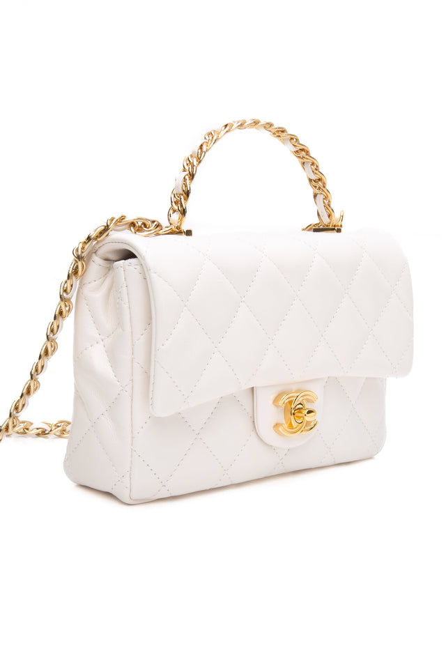 CHANEL Mini White Quilted Calfskin Top Handle Flap Bag with Chain