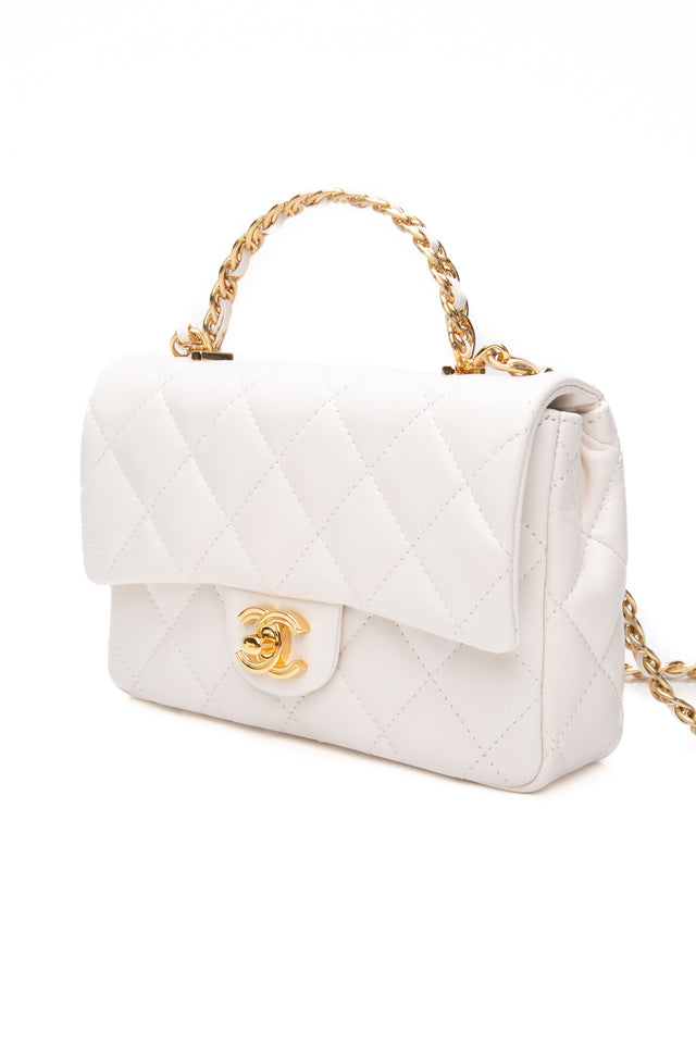 CHANEL Mini White Quilted Calfskin Top Handle Flap Bag with Chain