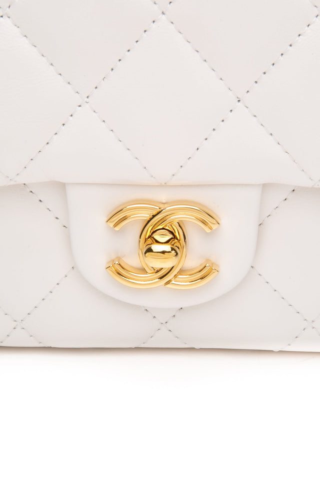 CHANEL Mini White Quilted Calfskin Top Handle Flap Bag with Chain