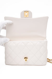 CHANEL Mini White Quilted Calfskin Top Handle Flap Bag with Chain
