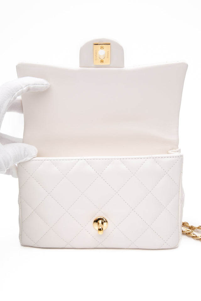 CHANEL Mini White Quilted Calfskin Top Handle Flap Bag with Chain