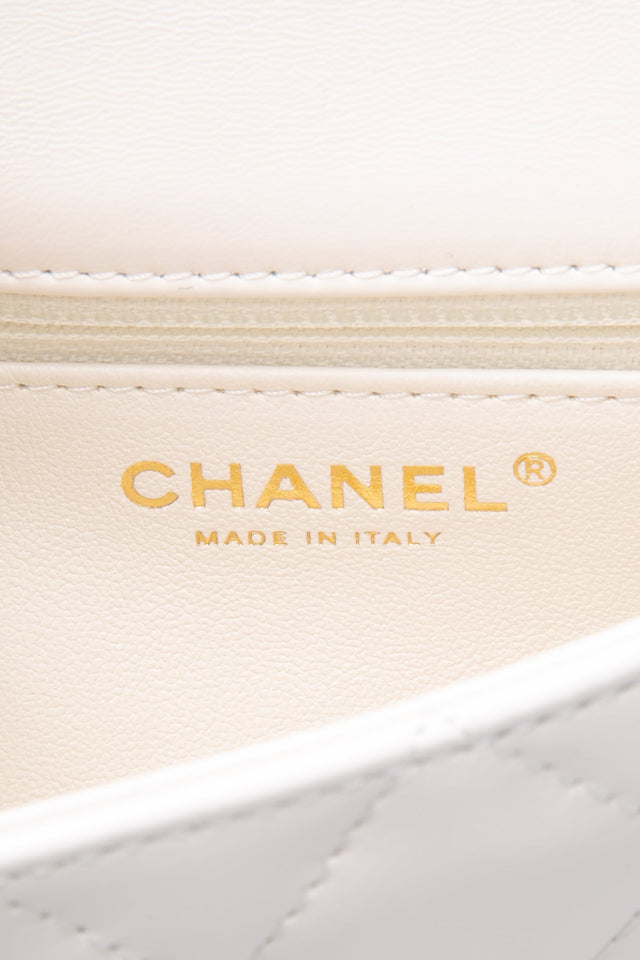 CHANEL Mini White Quilted Calfskin Top Handle Flap Bag with Chain