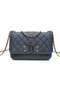 CHANEL Navy & Black Caviar Quilted Small CC Filigree Flap