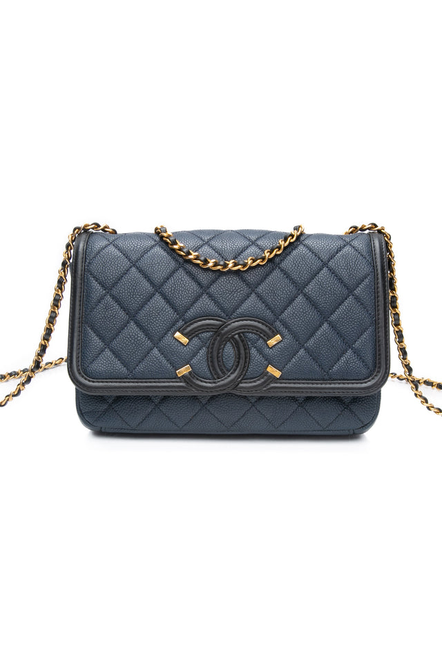 CHANEL Navy & Black Caviar Quilted Small CC Filigree Flap
