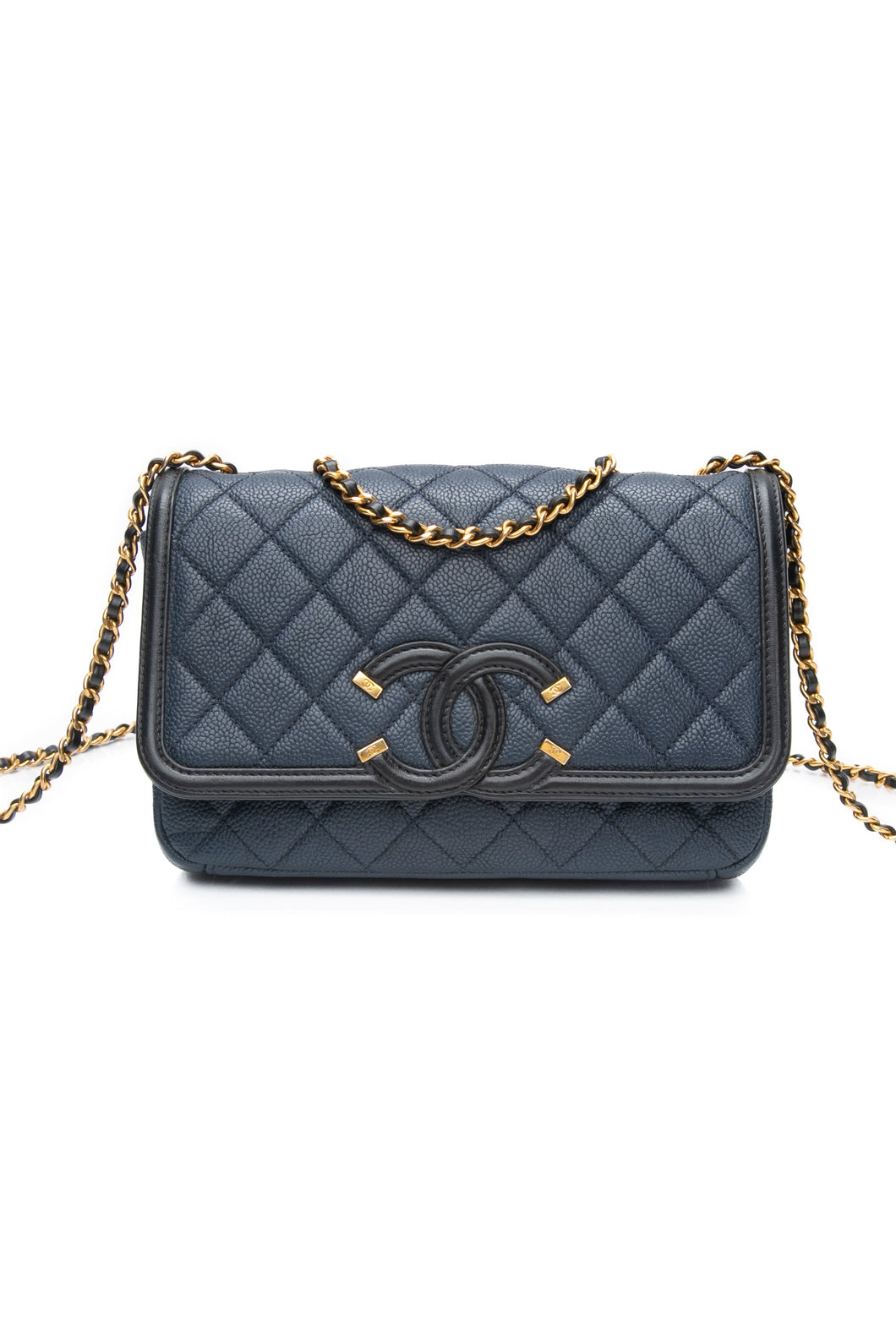 CHANEL Navy & Black Caviar Quilted Small CC Filigree Flap