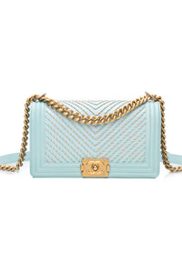 CHANEL Light Blue Calfskin Chevron Embroidered Medium Boy By The Sea Flap Bag
