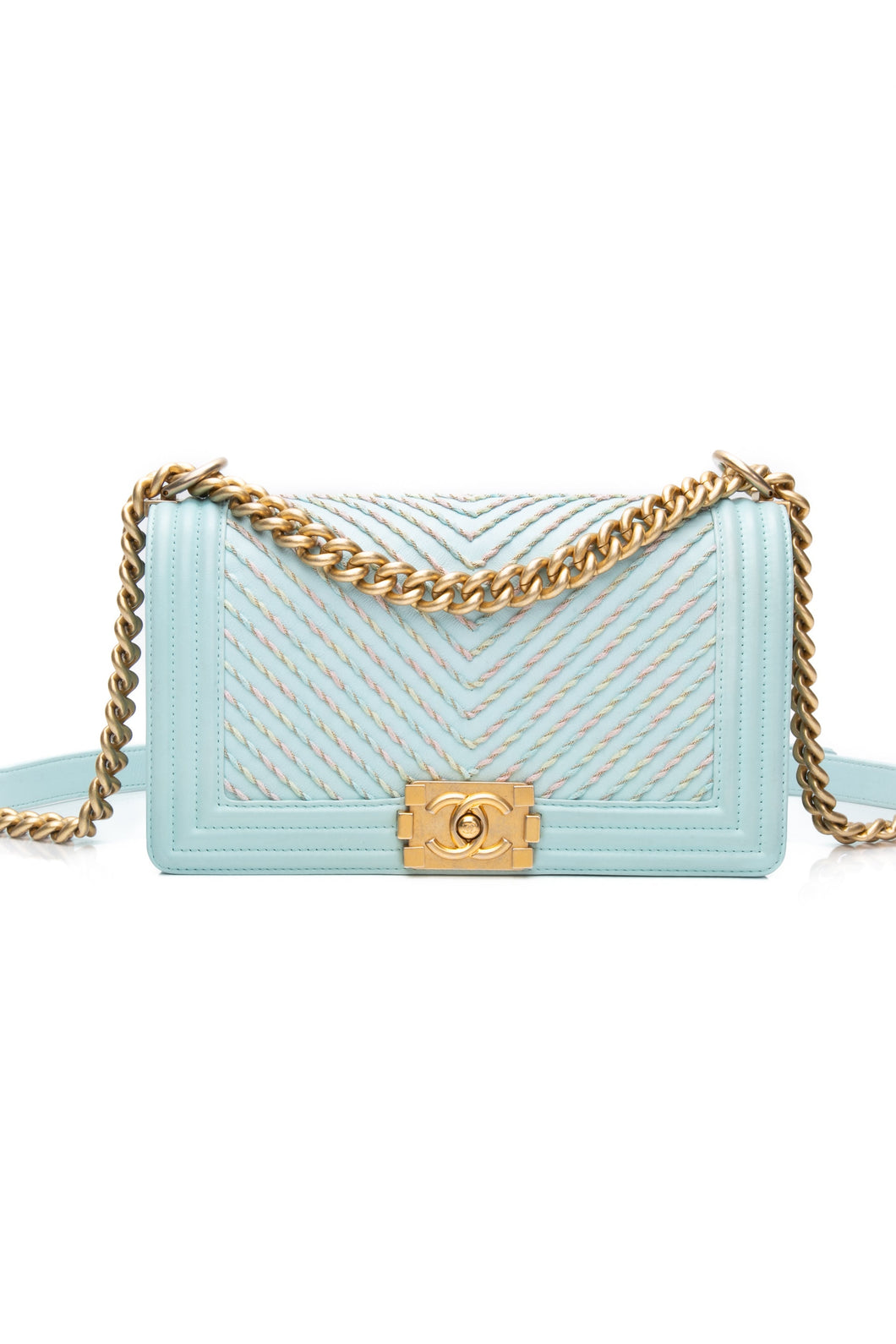 CHANEL Light Blue Calfskin Chevron Embroidered Medium Boy By The Sea Flap Bag