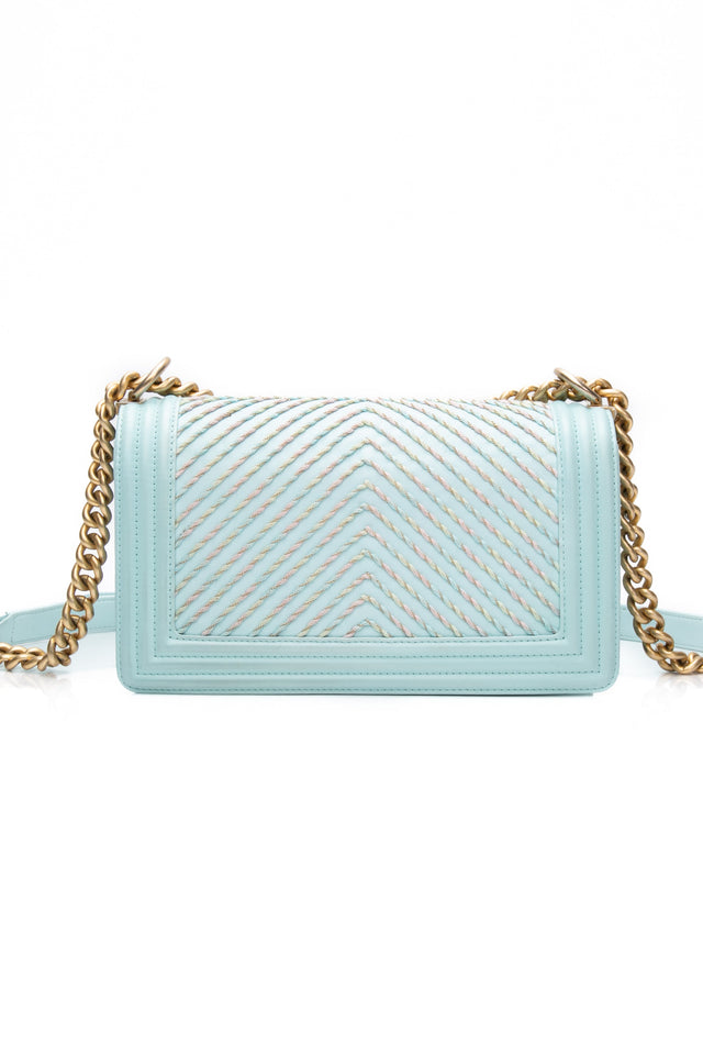 CHANEL Light Blue Calfskin Chevron Embroidered Medium Boy By The Sea Flap Bag