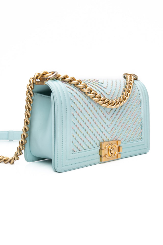 CHANEL Light Blue Calfskin Chevron Embroidered Medium Boy By The Sea Flap Bag