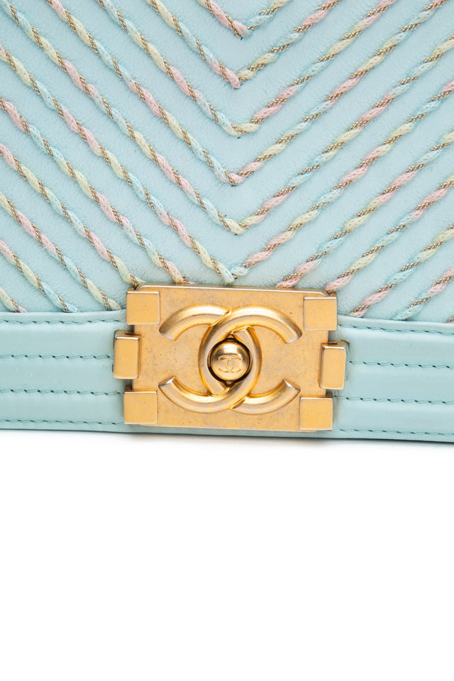 CHANEL Light Blue Calfskin Chevron Embroidered Medium Boy By The Sea Flap Bag