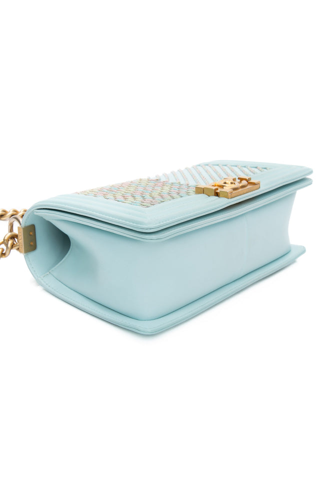 CHANEL Light Blue Calfskin Chevron Embroidered Medium Boy By The Sea Flap Bag