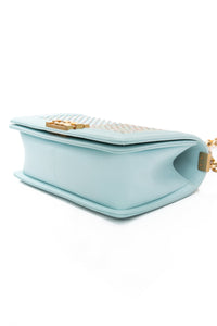 CHANEL Light Blue Calfskin Chevron Embroidered Medium Boy By The Sea Flap Bag