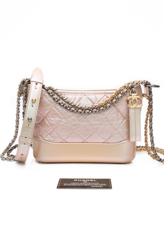 CHANEL Light Pink Iridescent Aged Calfskin Quilted Small Gabrielle Hobo Bag