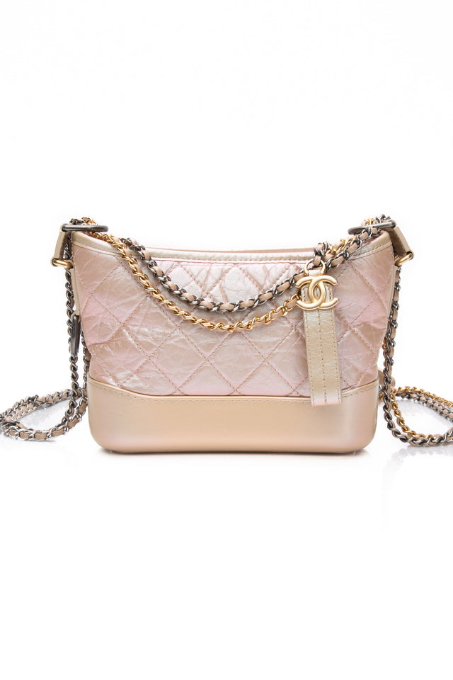 CHANEL Light Pink Iridescent Aged Calfskin Quilted Small Gabrielle Hobo Bag