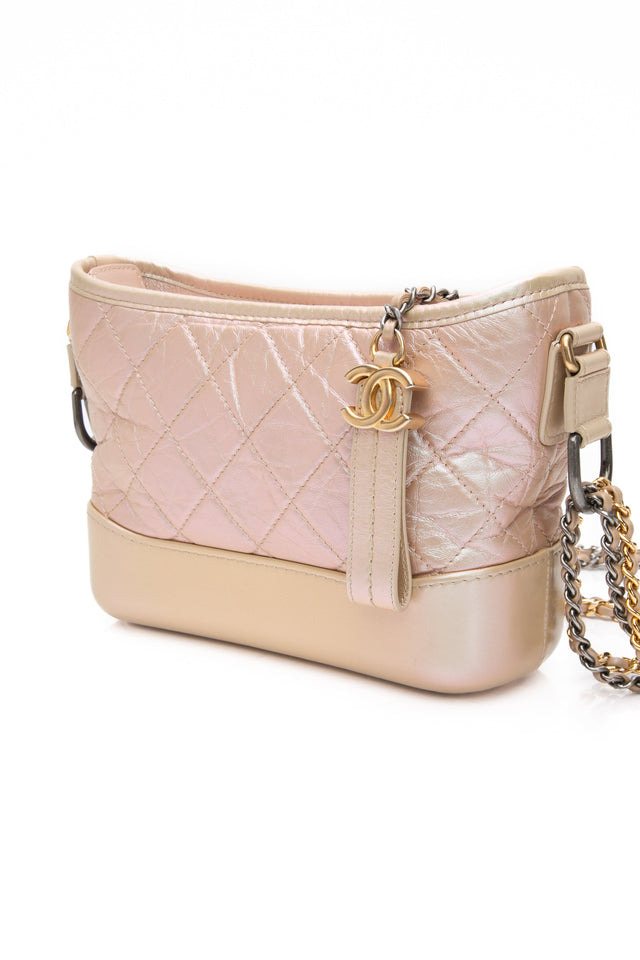 CHANEL Light Pink Iridescent Aged Calfskin Quilted Small Gabrielle Hobo Bag