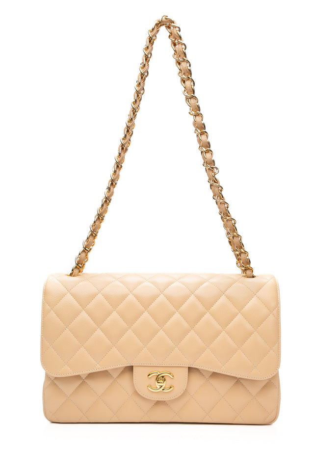 CHANEL Beige Caviar Quilted Jumbo Classic Double Flap Bag