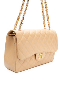 CHANEL Beige Caviar Quilted Jumbo Classic Double Flap Bag