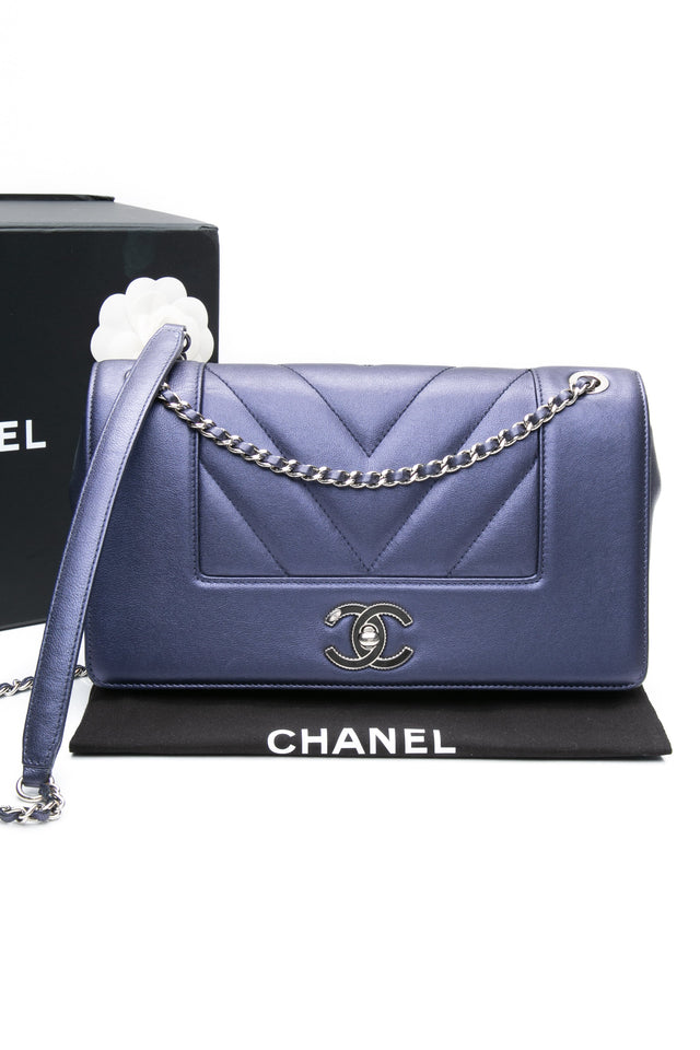 CHANEL Blue Metallic Sheepskin Chevron Quilted Medium Mademoiselle Flap Bag