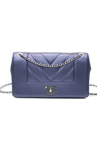 CHANEL Blue Metallic Sheepskin Chevron Quilted Medium Mademoiselle Flap Bag