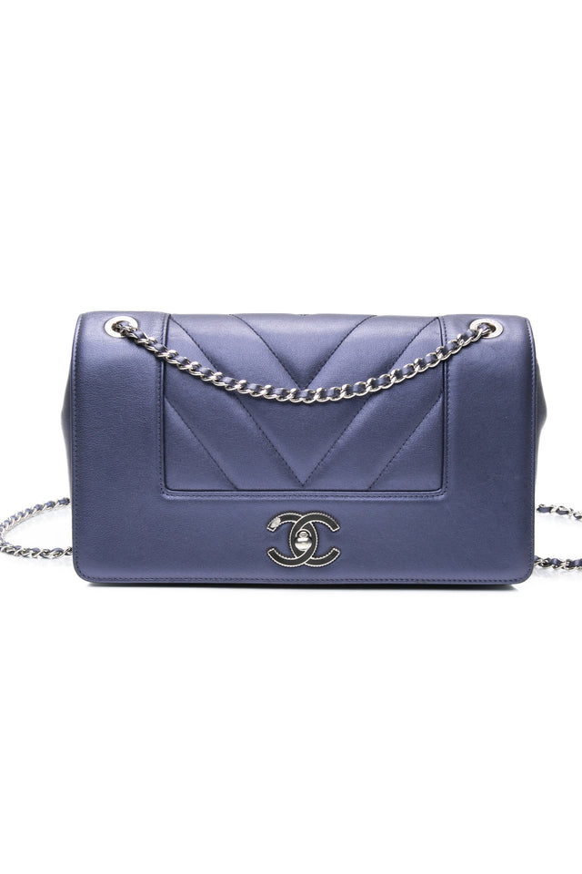 CHANEL Blue Metallic Sheepskin Chevron Quilted Medium Mademoiselle Flap Bag