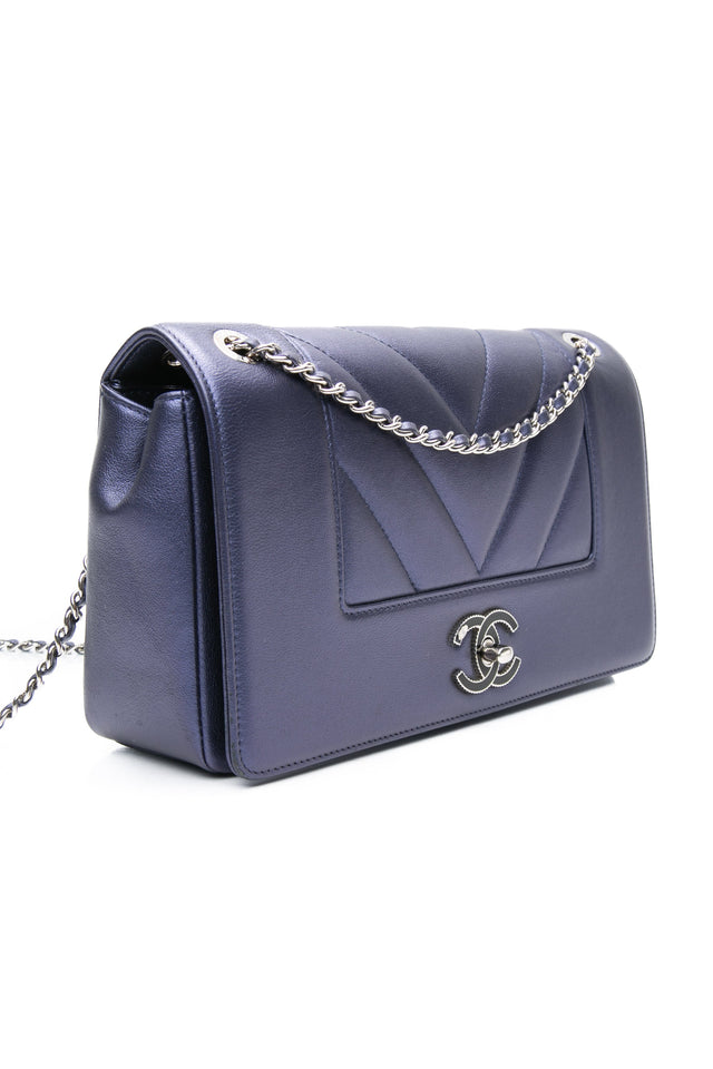 CHANEL Blue Metallic Sheepskin Chevron Quilted Medium Mademoiselle Flap Bag