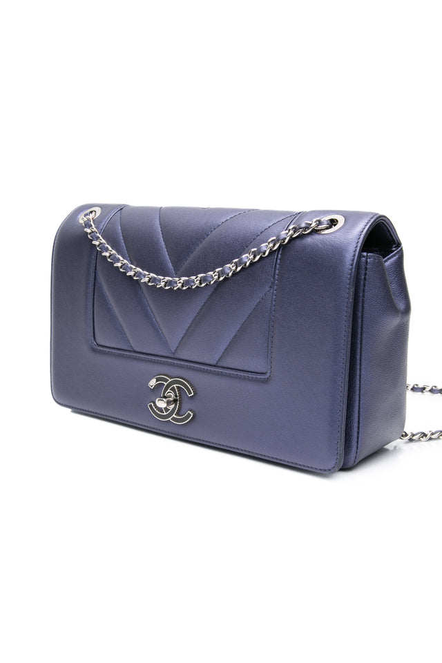 CHANEL Blue Metallic Sheepskin Chevron Quilted Medium Mademoiselle Flap Bag