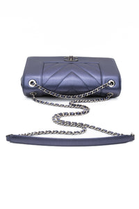 CHANEL Blue Metallic Sheepskin Chevron Quilted Medium Mademoiselle Flap Bag