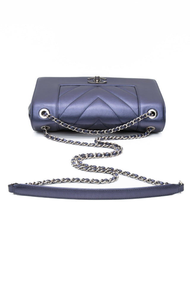 CHANEL Blue Metallic Sheepskin Chevron Quilted Medium Mademoiselle Flap Bag
