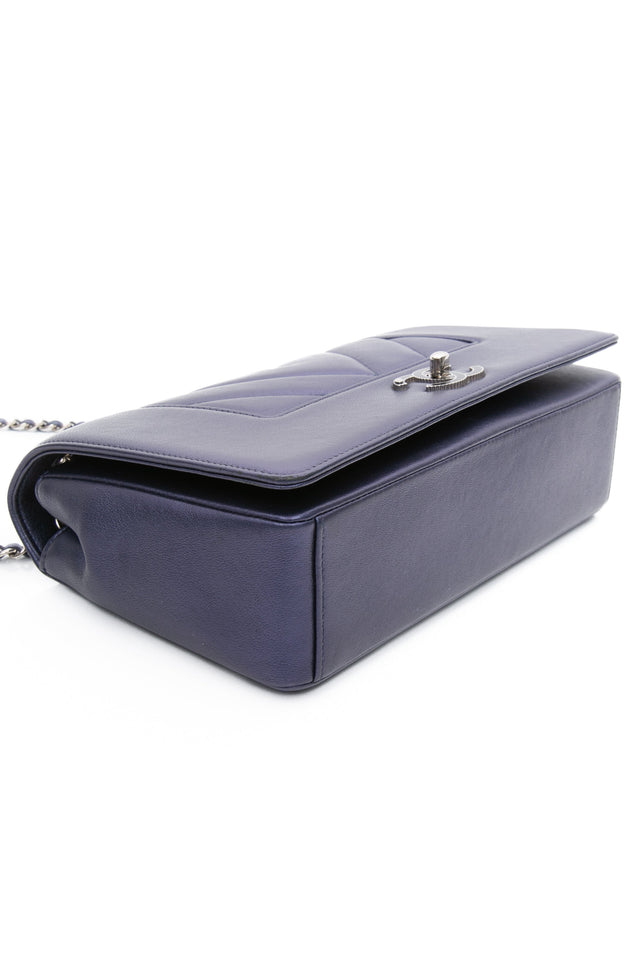 CHANEL Blue Metallic Sheepskin Chevron Quilted Medium Mademoiselle Flap Bag