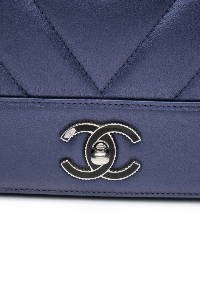 CHANEL Blue Metallic Sheepskin Chevron Quilted Medium Mademoiselle Flap Bag