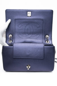 CHANEL Blue Metallic Sheepskin Chevron Quilted Medium Mademoiselle Flap Bag