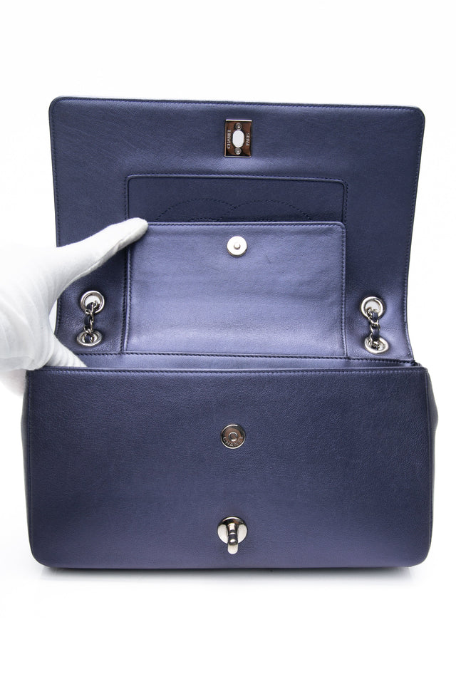 CHANEL Blue Metallic Sheepskin Chevron Quilted Medium Mademoiselle Flap Bag