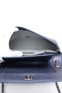 CHANEL Blue Metallic Sheepskin Chevron Quilted Medium Mademoiselle Flap Bag