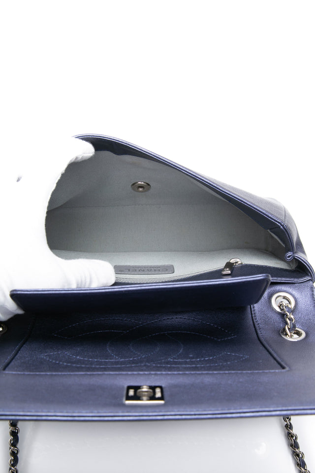 CHANEL Blue Metallic Sheepskin Chevron Quilted Medium Mademoiselle Flap Bag