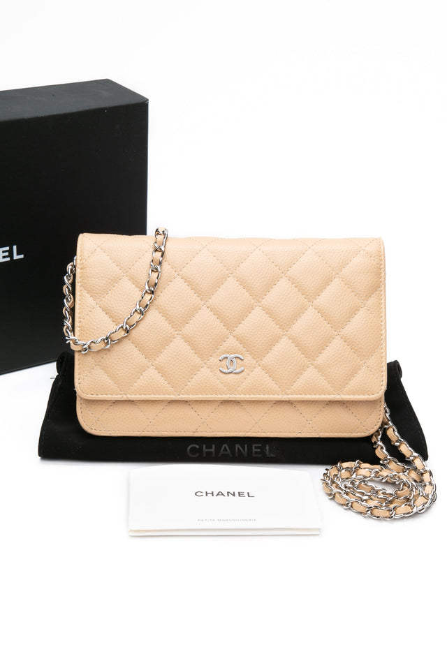 CHANEL Beige Caviar Quilted Wallet On Chain WOC