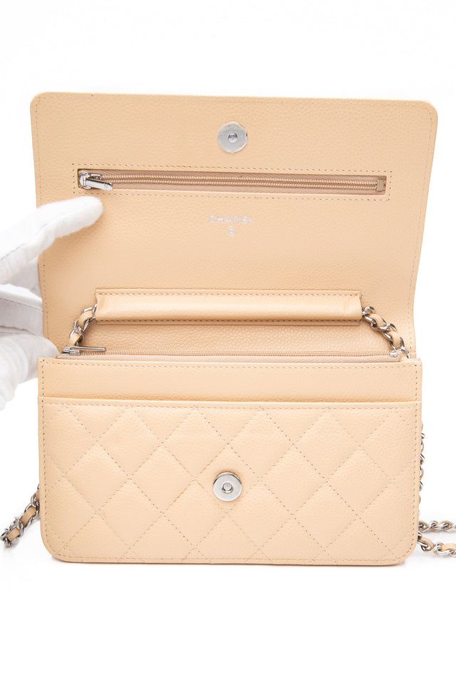 CHANEL Beige Caviar Quilted Wallet On Chain WOC
