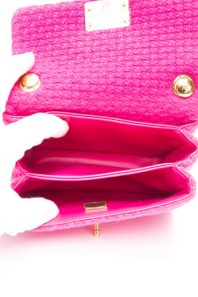 CHANEL 22K Fuchsia Tweed Quilted Mini Bijoux Flap Crossbody Bag