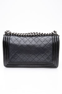 CHANEL Black Goatskin with Patent Quilted Medium Boy Flap Bag