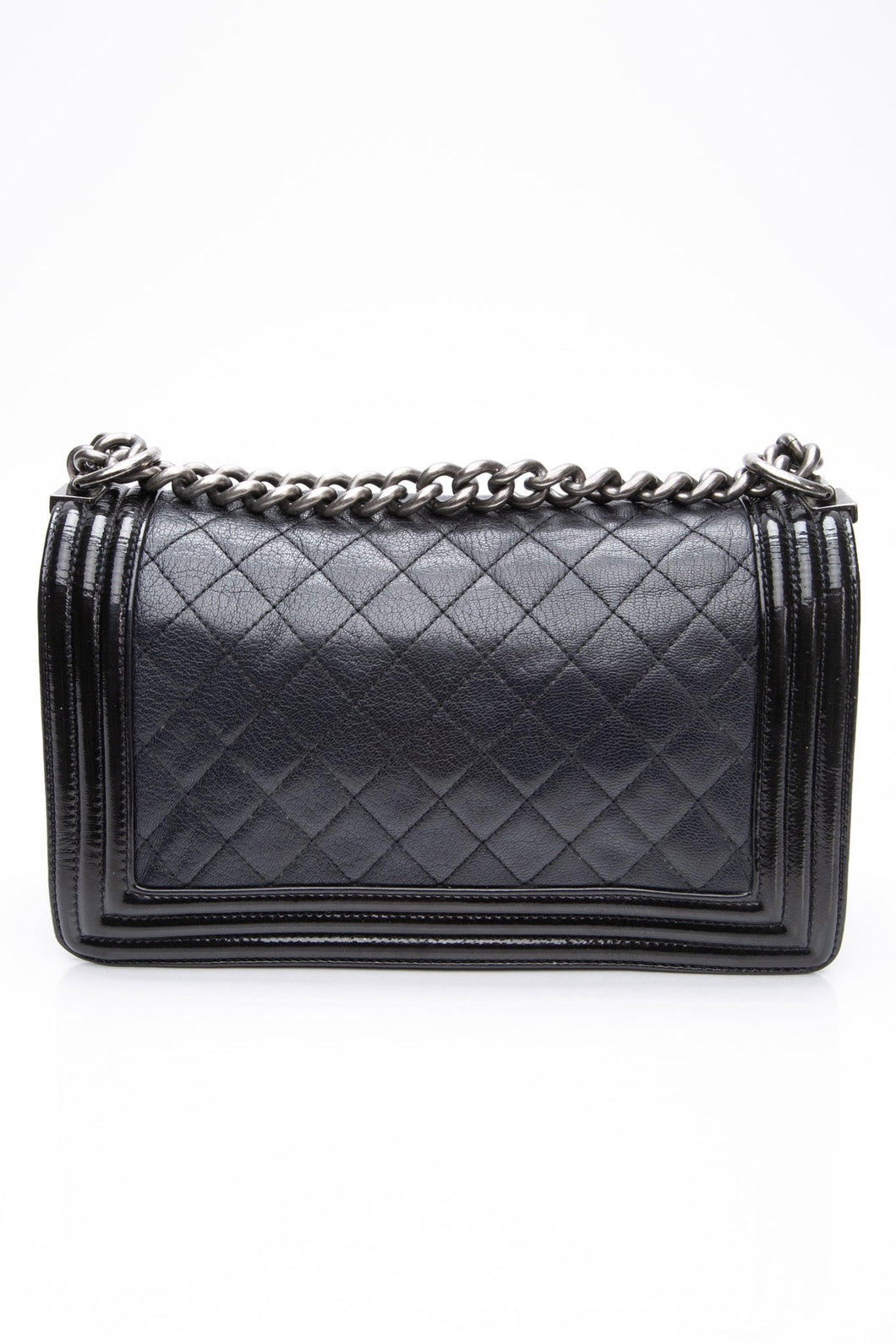 CHANEL Black Goatskin with Patent Quilted Medium Boy Flap Bag