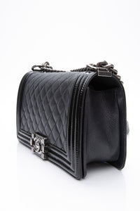 CHANEL Black Goatskin with Patent Quilted Medium Boy Flap Bag