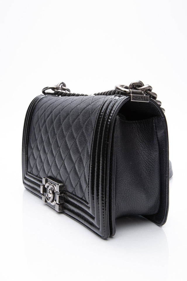 CHANEL Black Goatskin with Patent Quilted Medium Boy Flap Bag