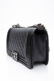 CHANEL Black Goatskin with Patent Quilted Medium Boy Flap Bag