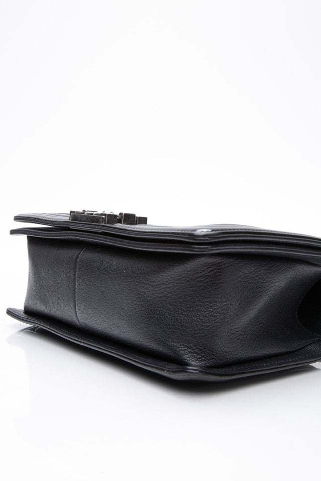 CHANEL Black Goatskin with Patent Quilted Medium Boy Flap Bag