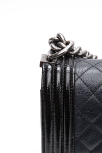 CHANEL Black Goatskin with Patent Quilted Medium Boy Flap Bag