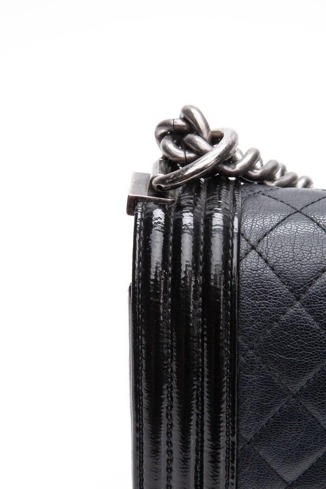 CHANEL Black Goatskin with Patent Quilted Medium Boy Flap Bag