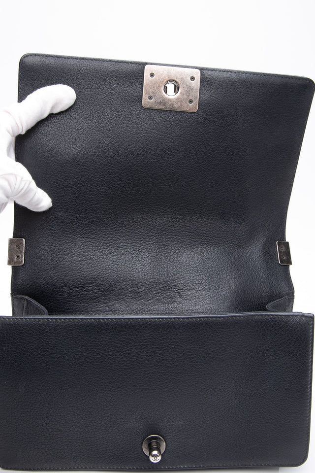 CHANEL Black Goatskin with Patent Quilted Medium Boy Flap Bag