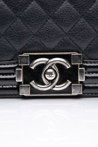CHANEL Black Goatskin with Patent Quilted Medium Boy Flap Bag
