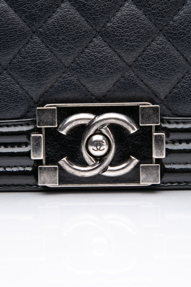 CHANEL Black Goatskin with Patent Quilted Medium Boy Flap Bag