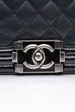 CHANEL Black Goatskin with Patent Quilted Medium Boy Flap Bag